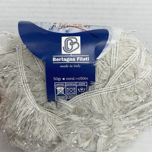 Bertagna Filati Cometa Wool Blend Eyelash Yarn 50gr White Fuzzy Silver Metallic - Picture 4 of 4
